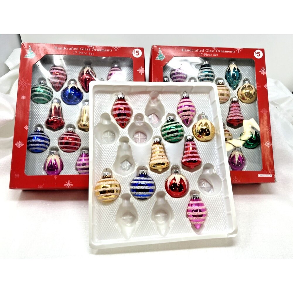 44 Miniature Handcrafted Christmas Tree Ornaments Glitter 2 Original Boxes VTG